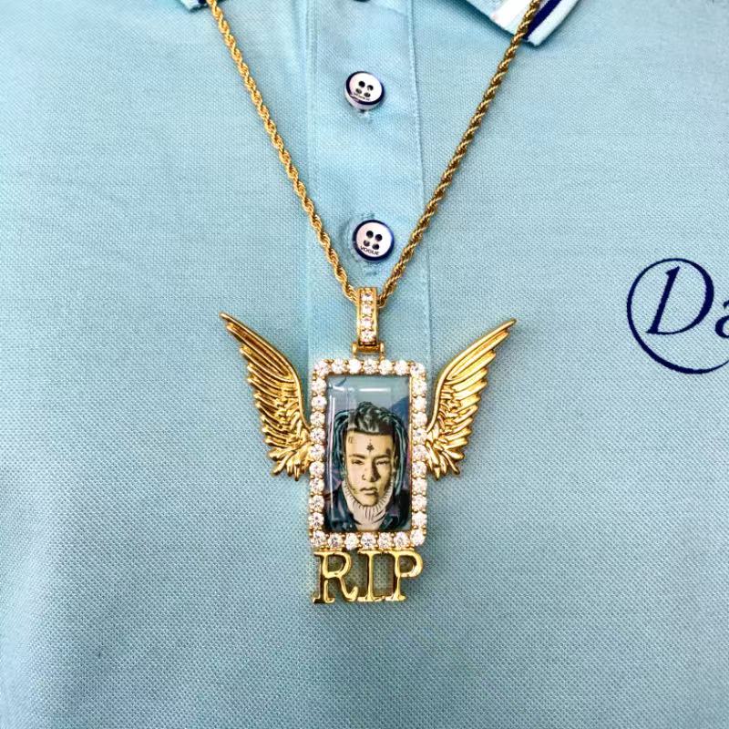Iced Out Winged Medallion: Custom Photo Pendant Necklace, Cubic Zircon Picture Pendant