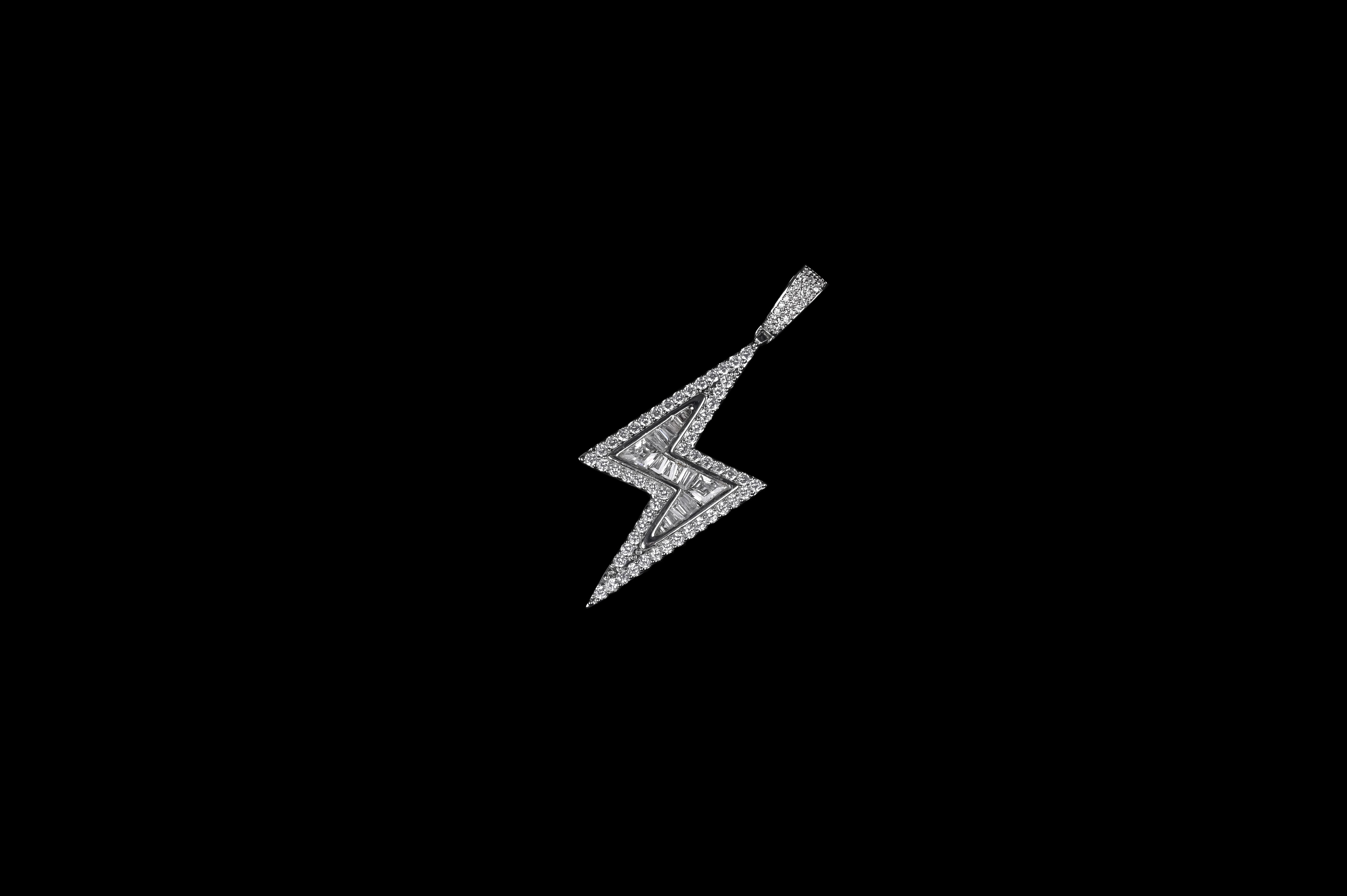 Lightning Bolt Pendant 14k White Gold Silver Iced Out CZ Diamond With Chain