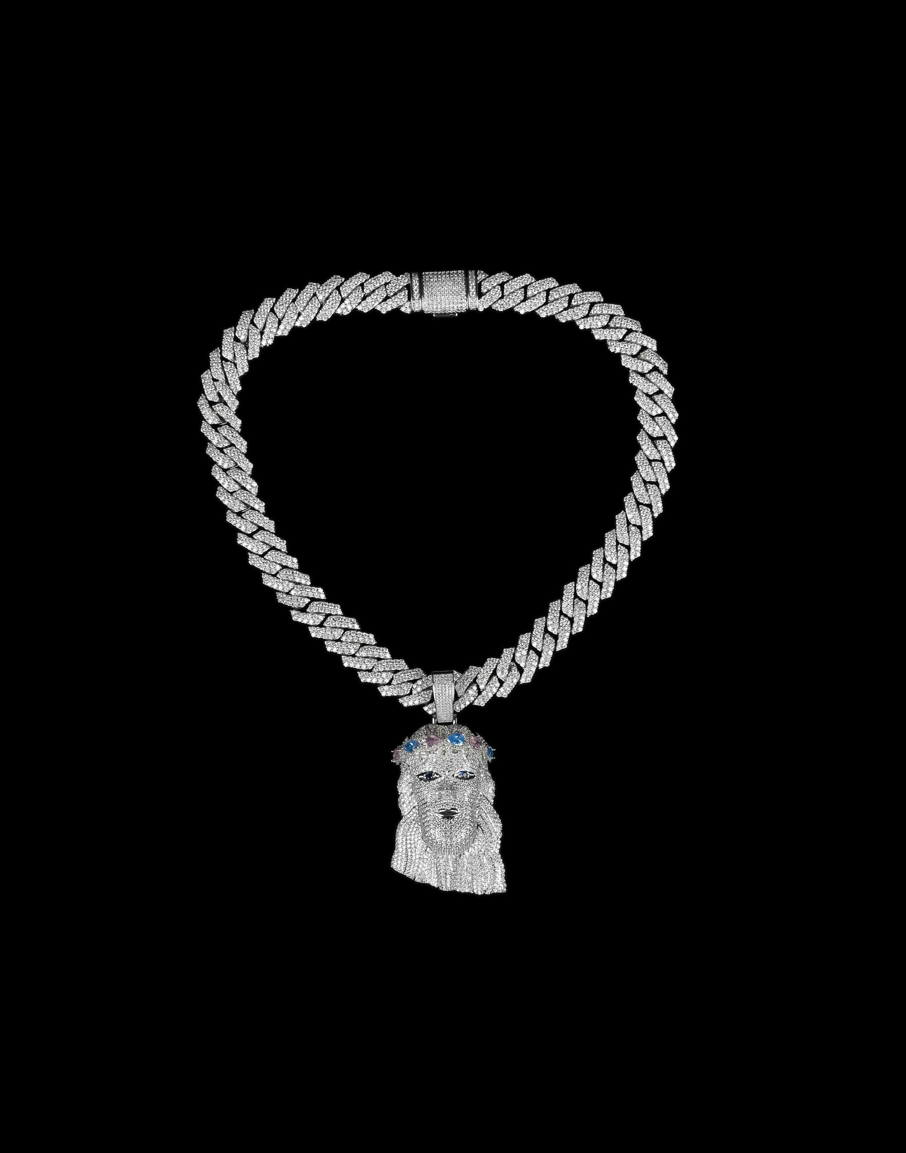 Iced Out Jesus Piece Pendant, Silver Rope Chain, CZ Hip Hop Necklace
