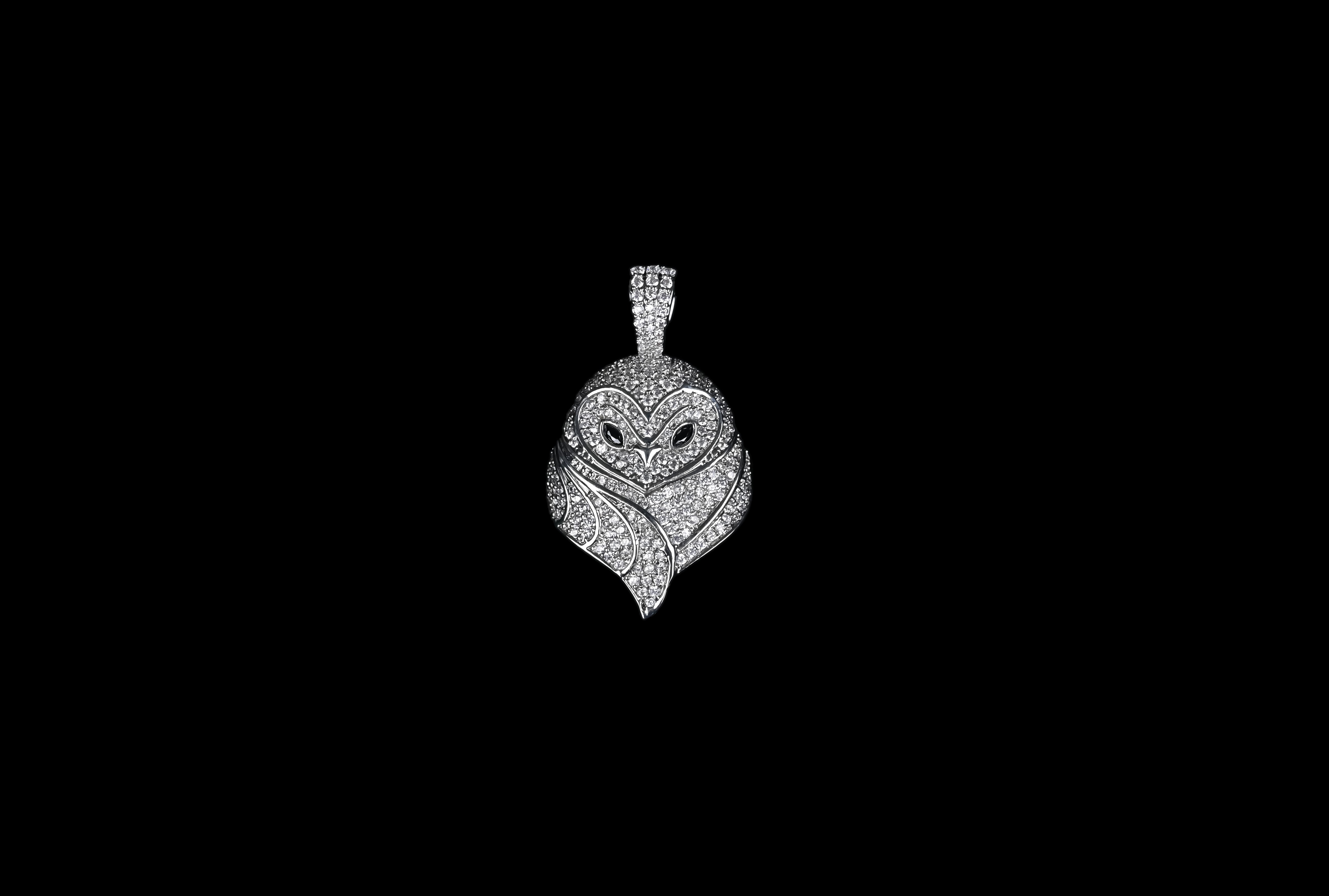 Sterling Silver Owl Pendant: Cubic Zirconia Crystals, Red Eyes