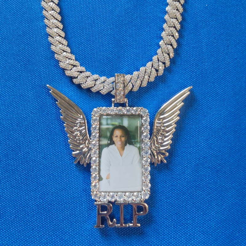 Iced Out Winged Medallion: Custom Photo Pendant Necklace, Cubic Zircon Picture Pendant