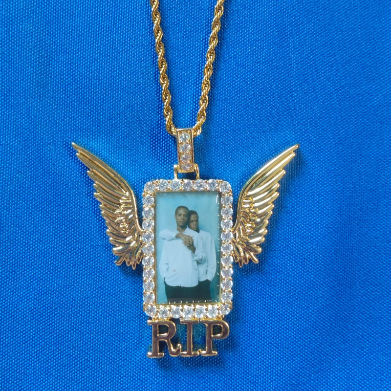 Iced Out Winged Medallion: Custom Photo Pendant Necklace, Cubic Zircon Picture Pendant