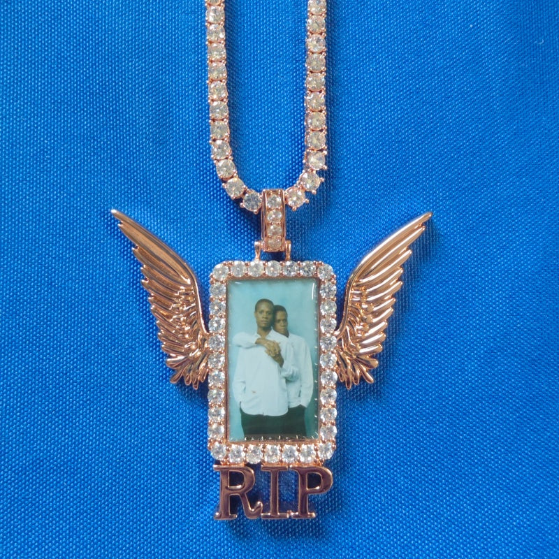 Iced Out Winged Medallion: Custom Photo Pendant Necklace, Cubic Zircon Picture Pendant