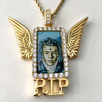 Iced Out Winged Medallion: Custom Photo Pendant Necklace, Cubic Zircon Picture Pendant