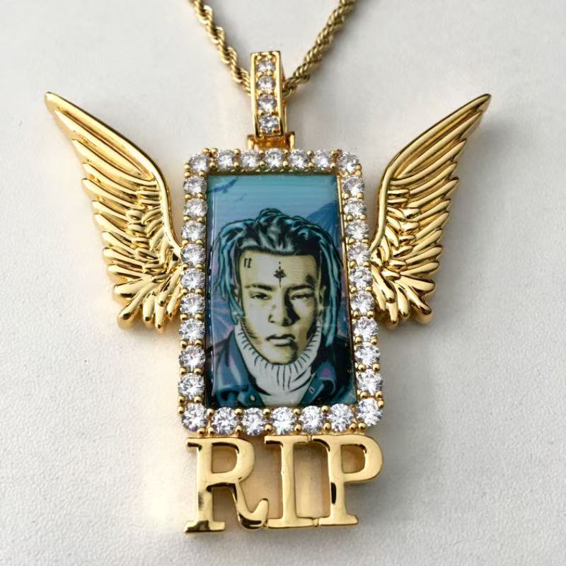 Iced Out Winged Medallion: Custom Photo Pendant Necklace, Cubic Zircon Picture Pendant