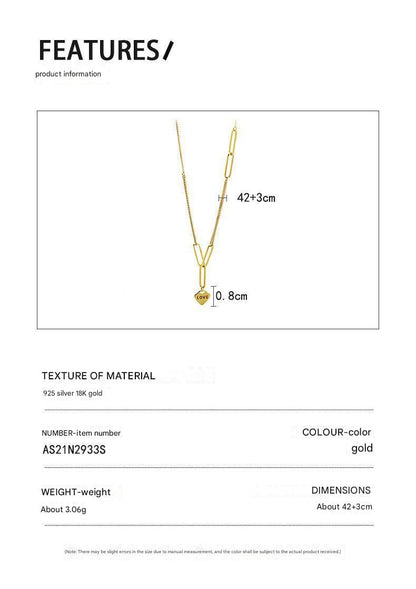 Sterling silver plated K gold heart-shaped love double bracelet + necklace