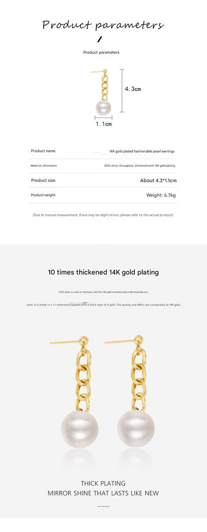 Sterling silver gold plated chain pearl earrings