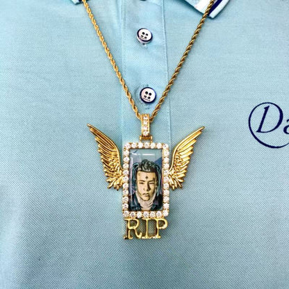 Iced Out Winged Medallion: Custom Photo Pendant Necklace, Cubic Zircon Picture Pendant