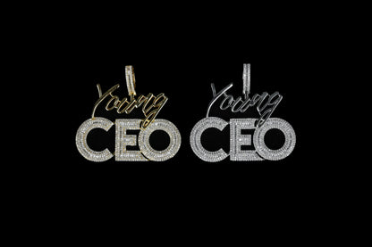 CEO Pendant 14k Gold Plated Iced Baguette CZ Diamonds Leadership Hip Hop Necklace Rapper Jewelry Gift + Steel Rope Chain
