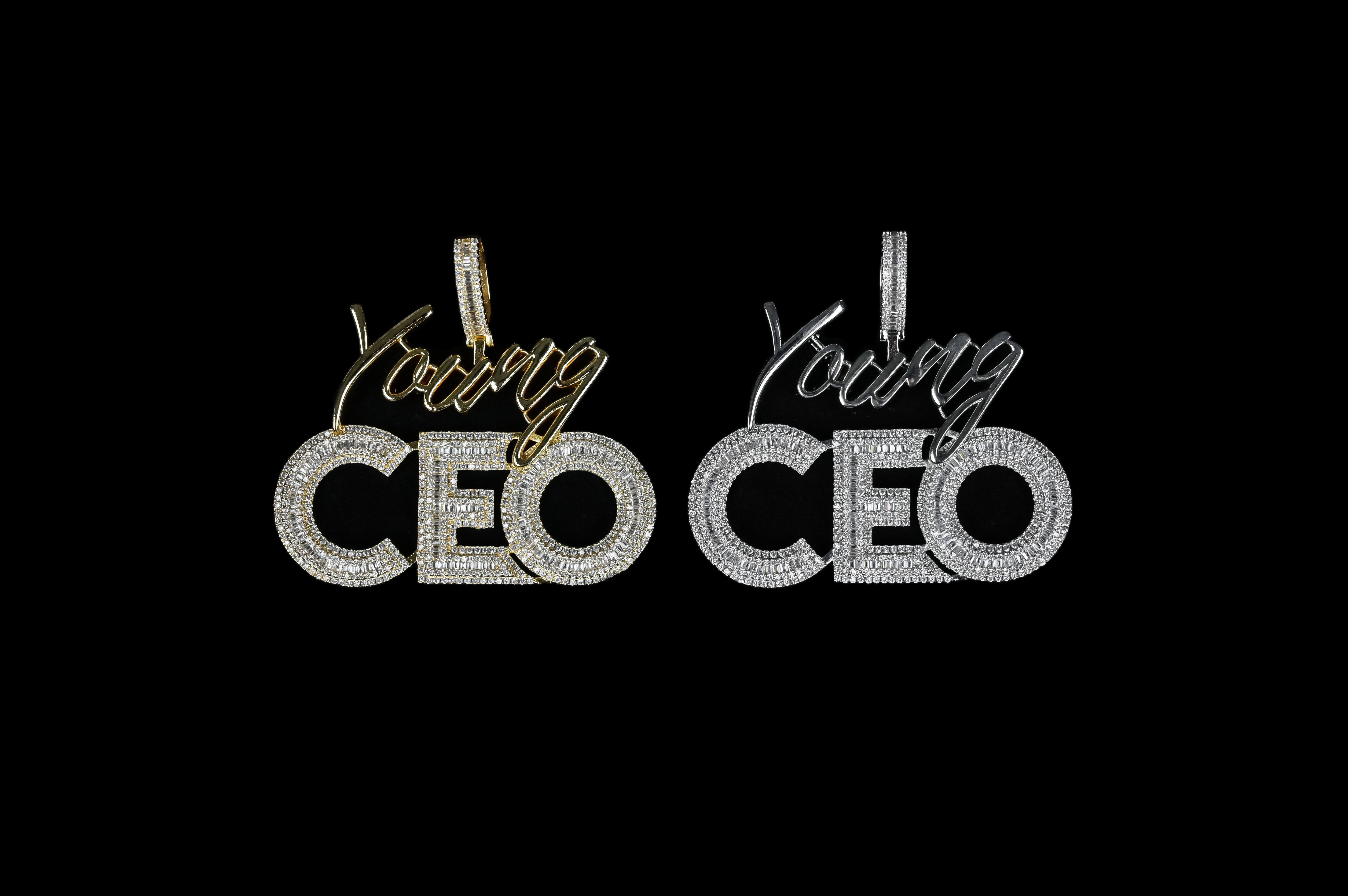 CEO Pendant 14k Gold Plated Iced Baguette CZ Diamonds Leadership Hip Hop Necklace Rapper Jewelry Gift + Steel Rope Chain