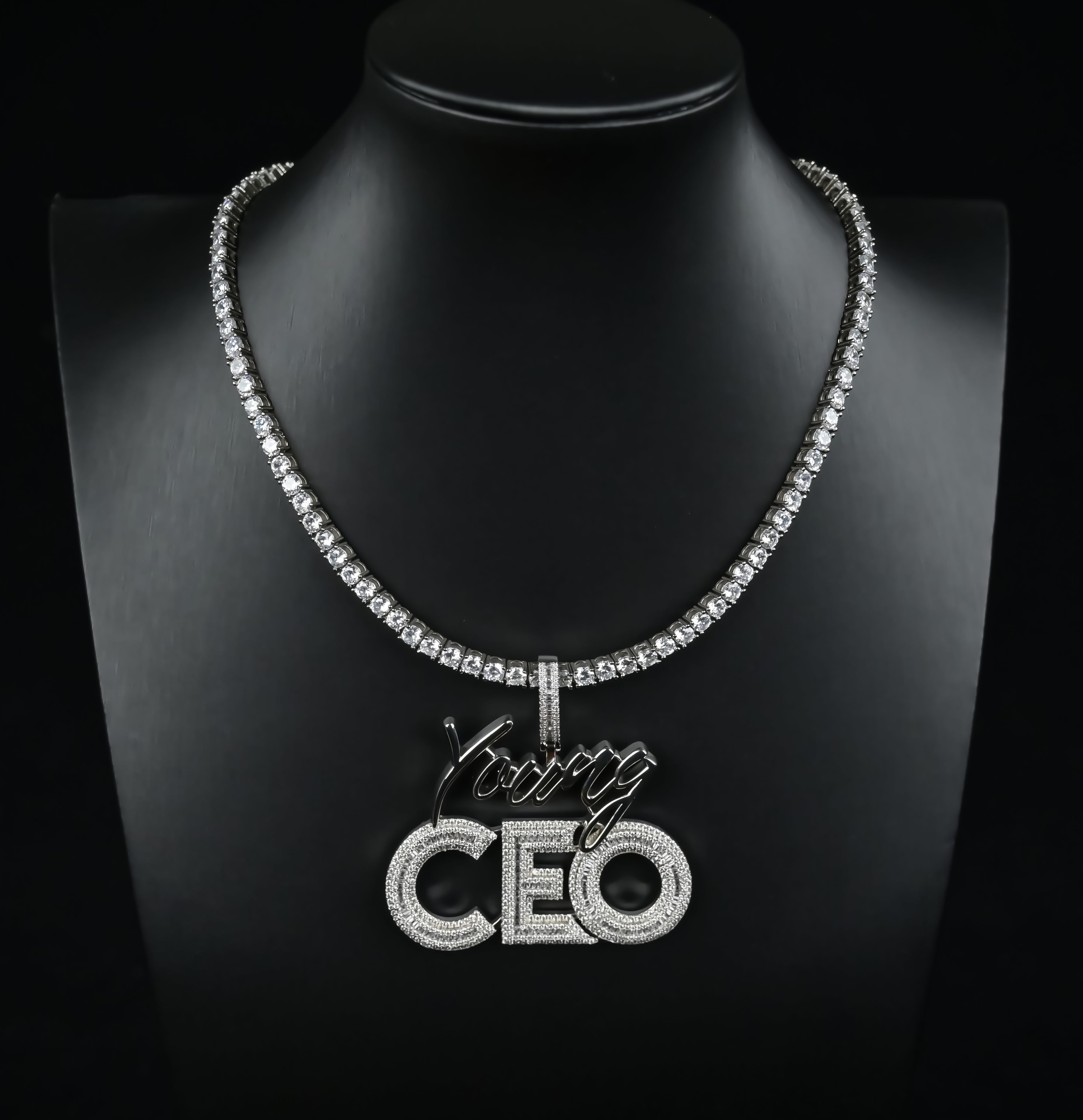 CEO Pendant 14k Gold Plated Iced Baguette CZ Diamonds Leadership Hip Hop Necklace Rapper Jewelry Gift + Steel Rope Chain