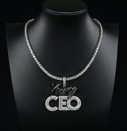 CEO Pendant 14k Gold Plated Iced Baguette CZ Diamonds Leadership Hip Hop Necklace Rapper Jewelry Gift + Steel Rope Chain