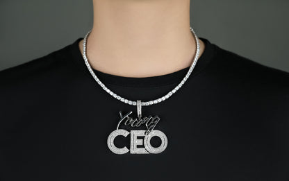 CEO Pendant 14k Gold Plated Iced Baguette CZ Diamonds Leadership Hip Hop Necklace Rapper Jewelry Gift + Steel Rope Chain