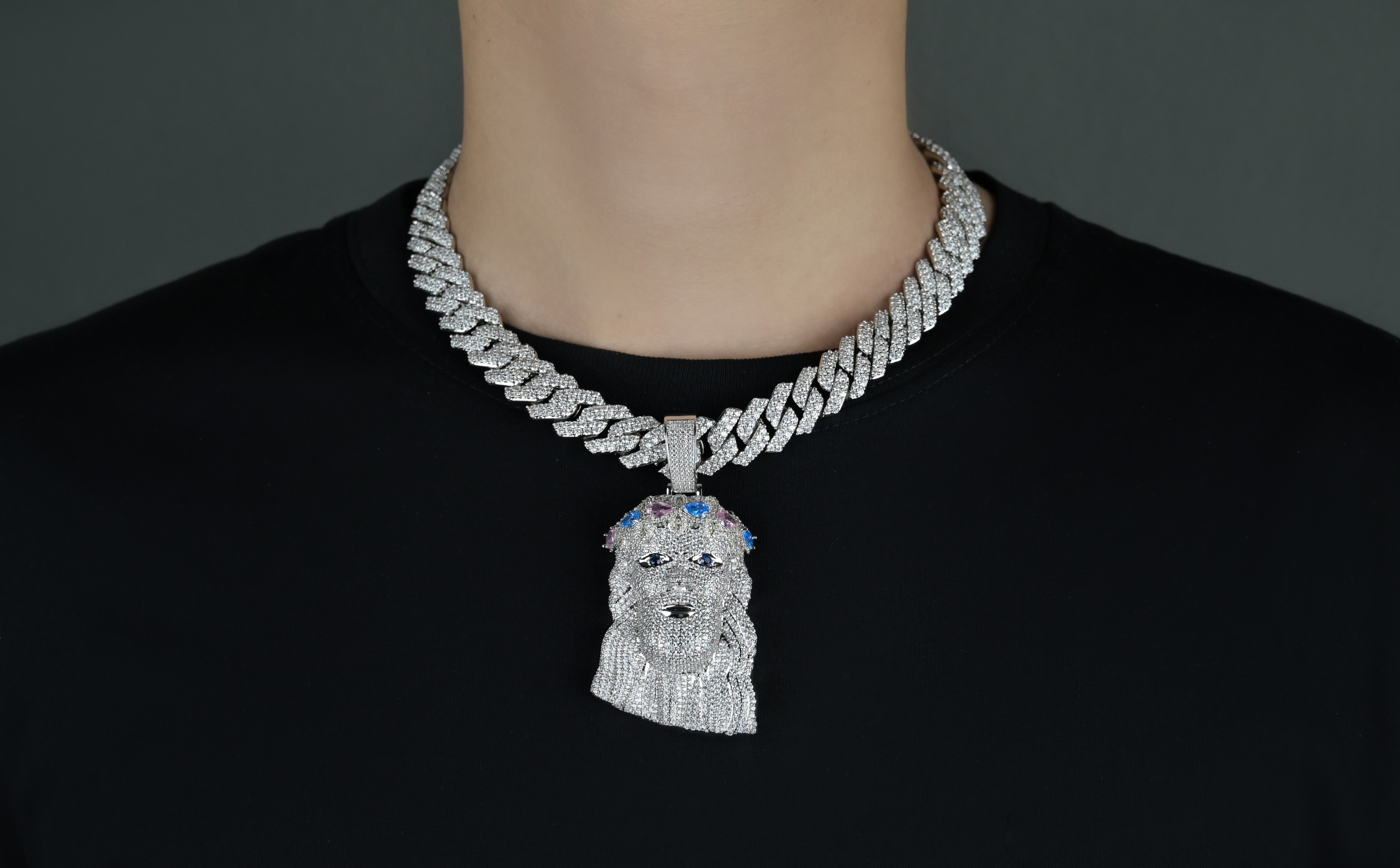 Iced Out Jesus Piece Pendant, Silver Rope Chain, CZ Hip Hop Necklace