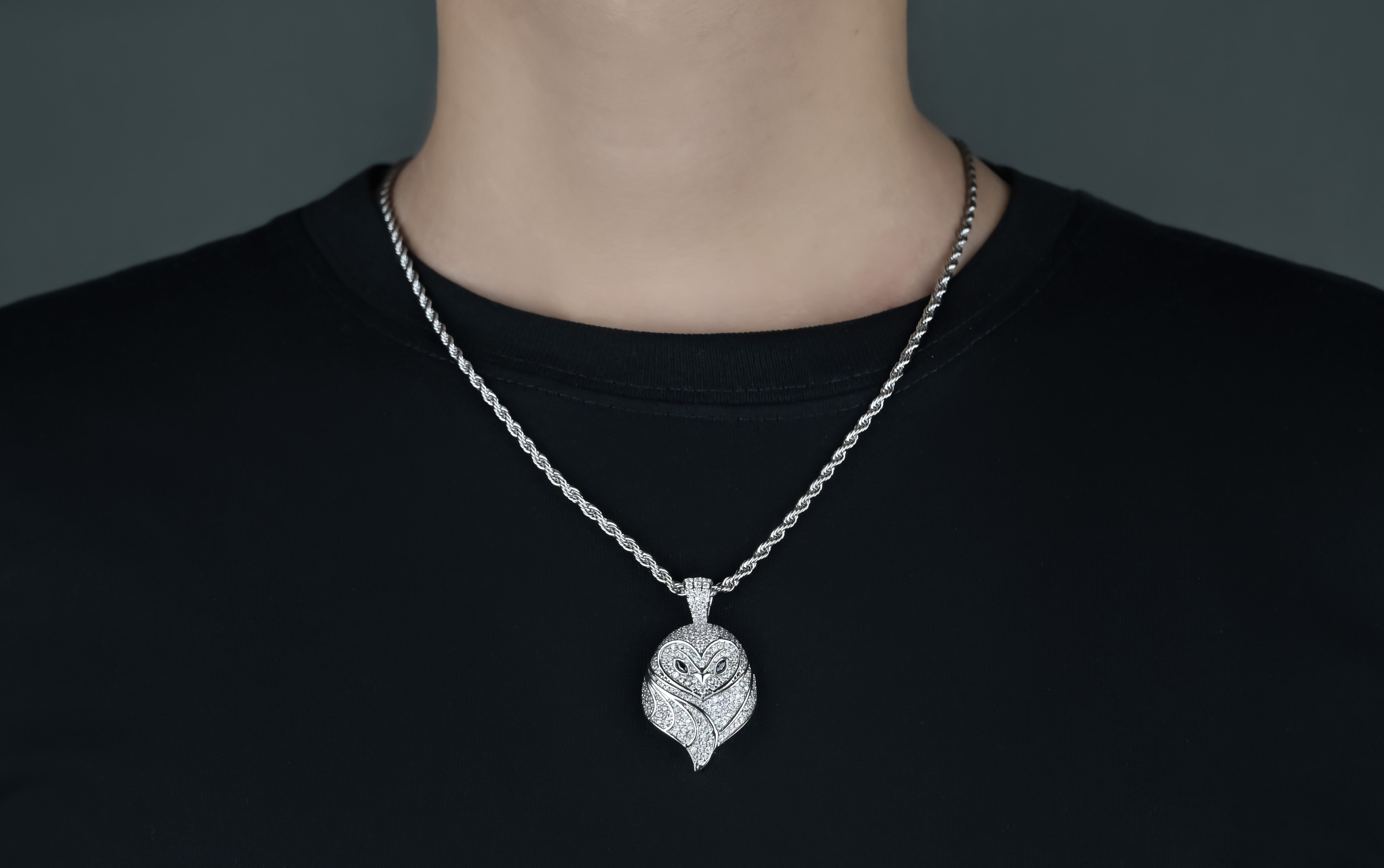 Sterling Silver Owl Pendant: Cubic Zirconia Crystals, Red Eyes