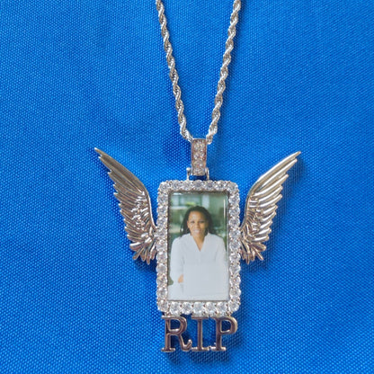 Iced Out Winged Medallion: Custom Photo Pendant Necklace, Cubic Zircon Picture Pendant
