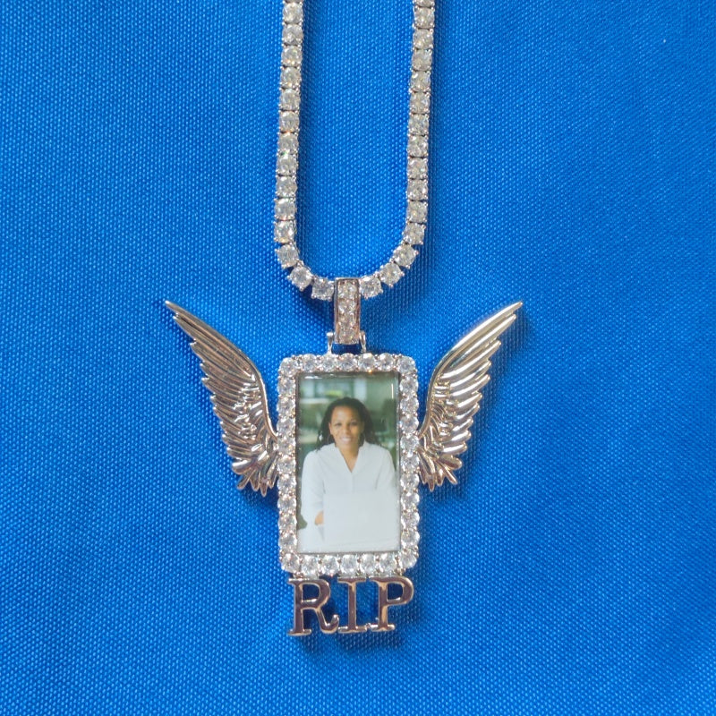 Iced Out Winged Medallion: Custom Photo Pendant Necklace, Cubic Zircon Picture Pendant