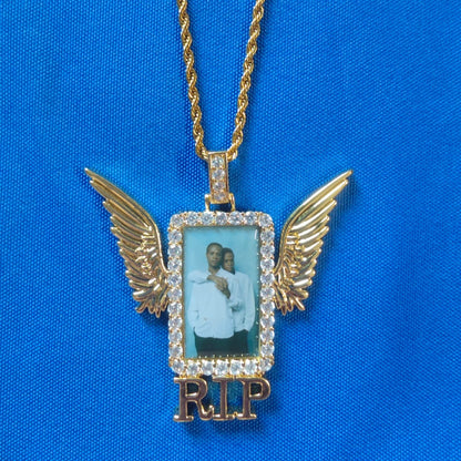 Iced Out Winged Medallion: Custom Photo Pendant Necklace, Cubic Zircon Picture Pendant