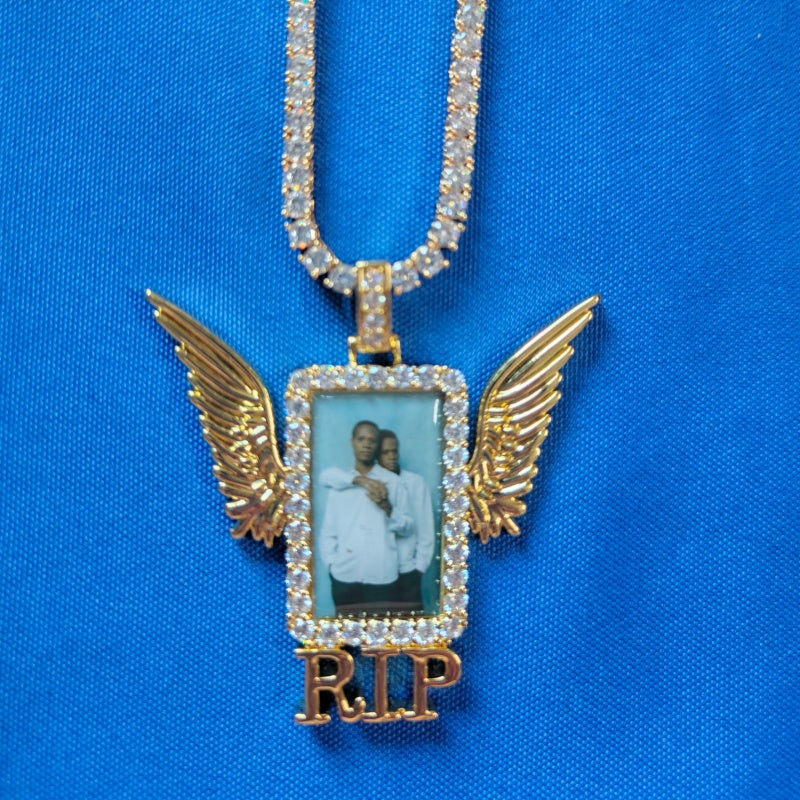 Iced Out Winged Medallion: Custom Photo Pendant Necklace, Cubic Zircon Picture Pendant