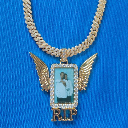 Iced Out Winged Medallion: Custom Photo Pendant Necklace, Cubic Zircon Picture Pendant
