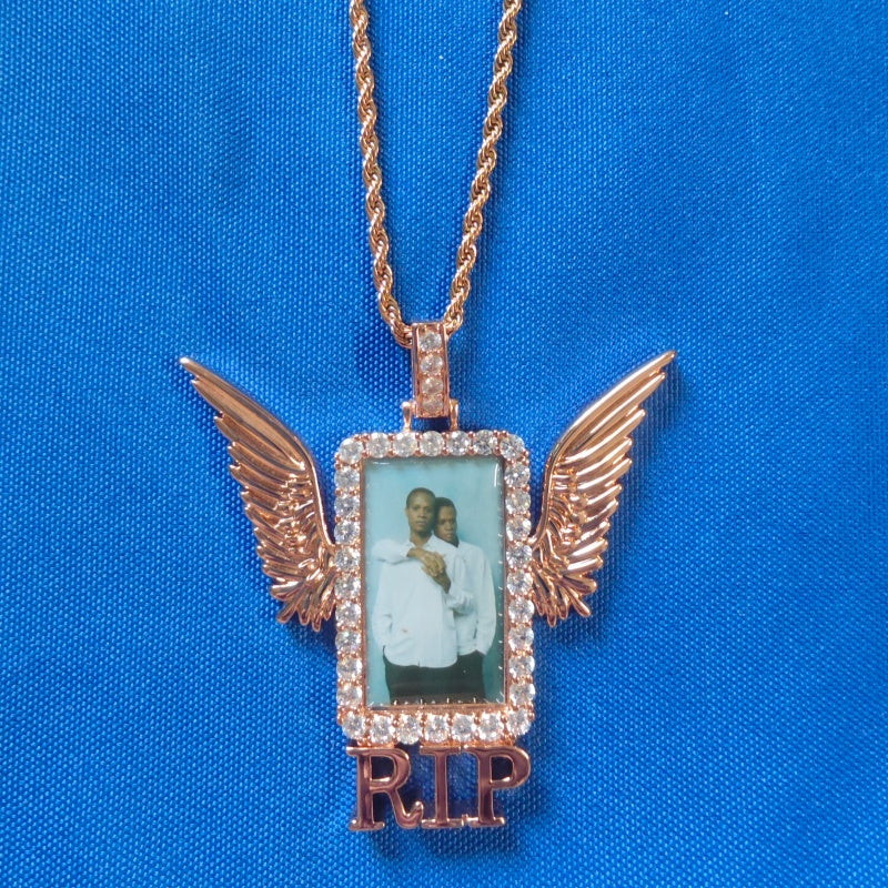 Iced Out Winged Medallion: Custom Photo Pendant Necklace, Cubic Zircon Picture Pendant