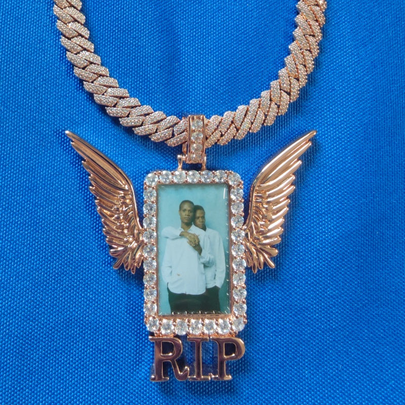Iced Out Winged Medallion: Custom Photo Pendant Necklace, Cubic Zircon Picture Pendant
