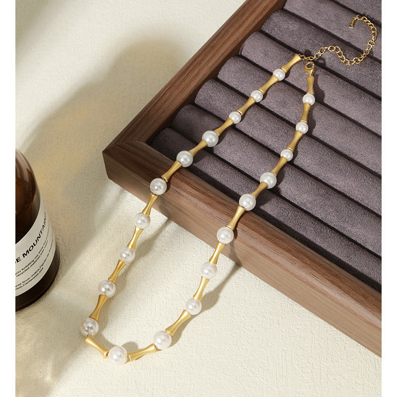Sterling Silver + Pearl Bamboo Necklace