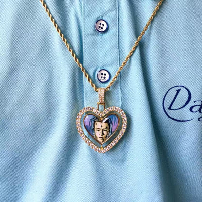 Personalized Double-Sided Heart Photo Pendant Necklace – Custom Picture Memorial Gift, Iced Out Hip Hop Jewelry for Men & Women