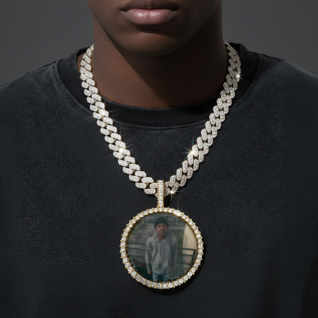 Gold Photo Pendant with Cuban Link Chain